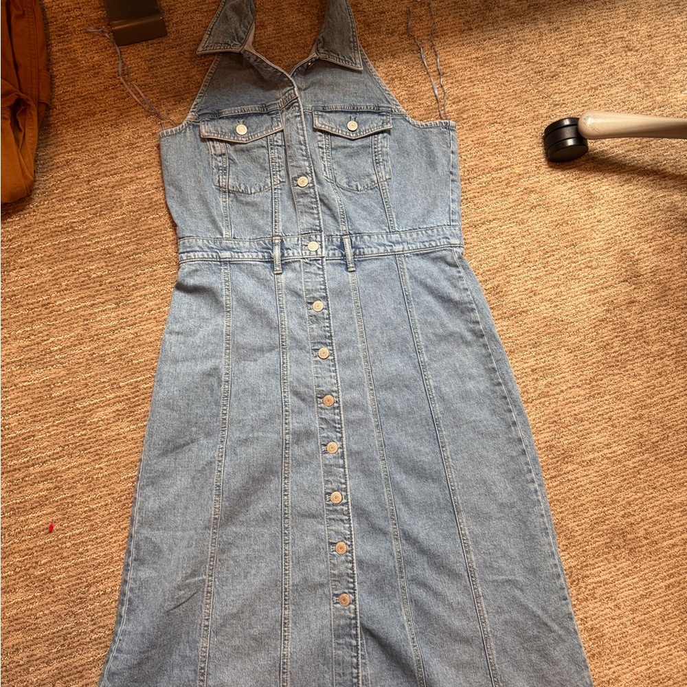 GAP Light Blue Denim Button-Front Halter Midi Dress